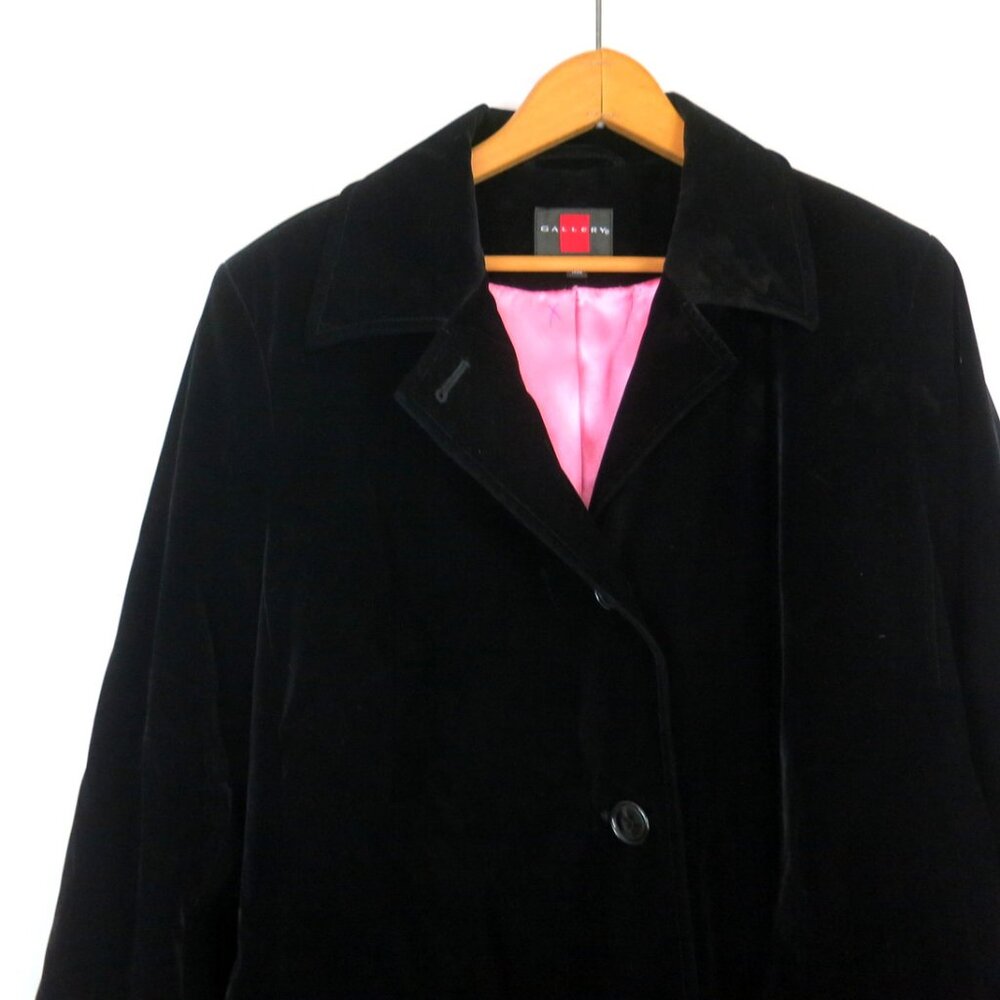 Gallery Black Velvet Long Overcoat Trench Coat with Pink Lining Women's Large